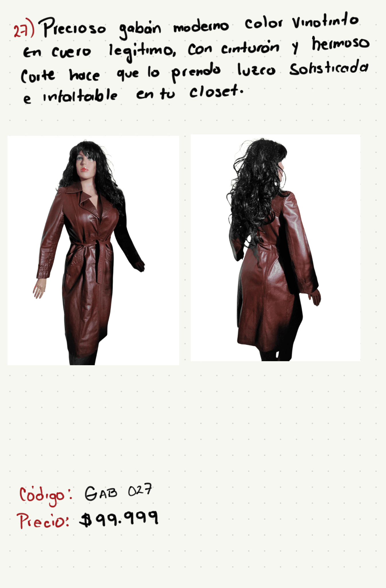 Precioso gabán moderno color vinotinto en cuero legítimo con cinturón