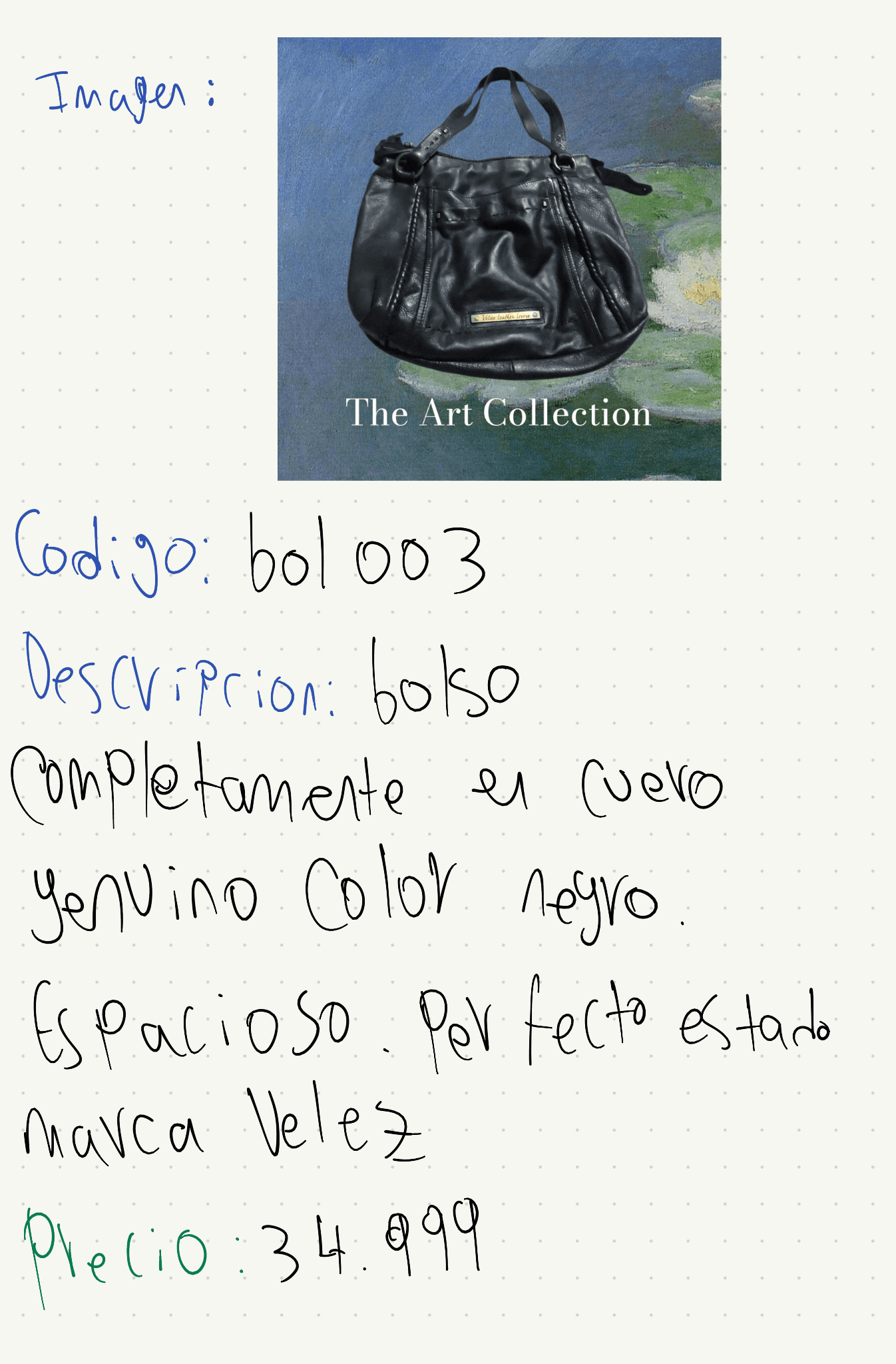 Bolso completamente en cuero genuino color negro marca Velez