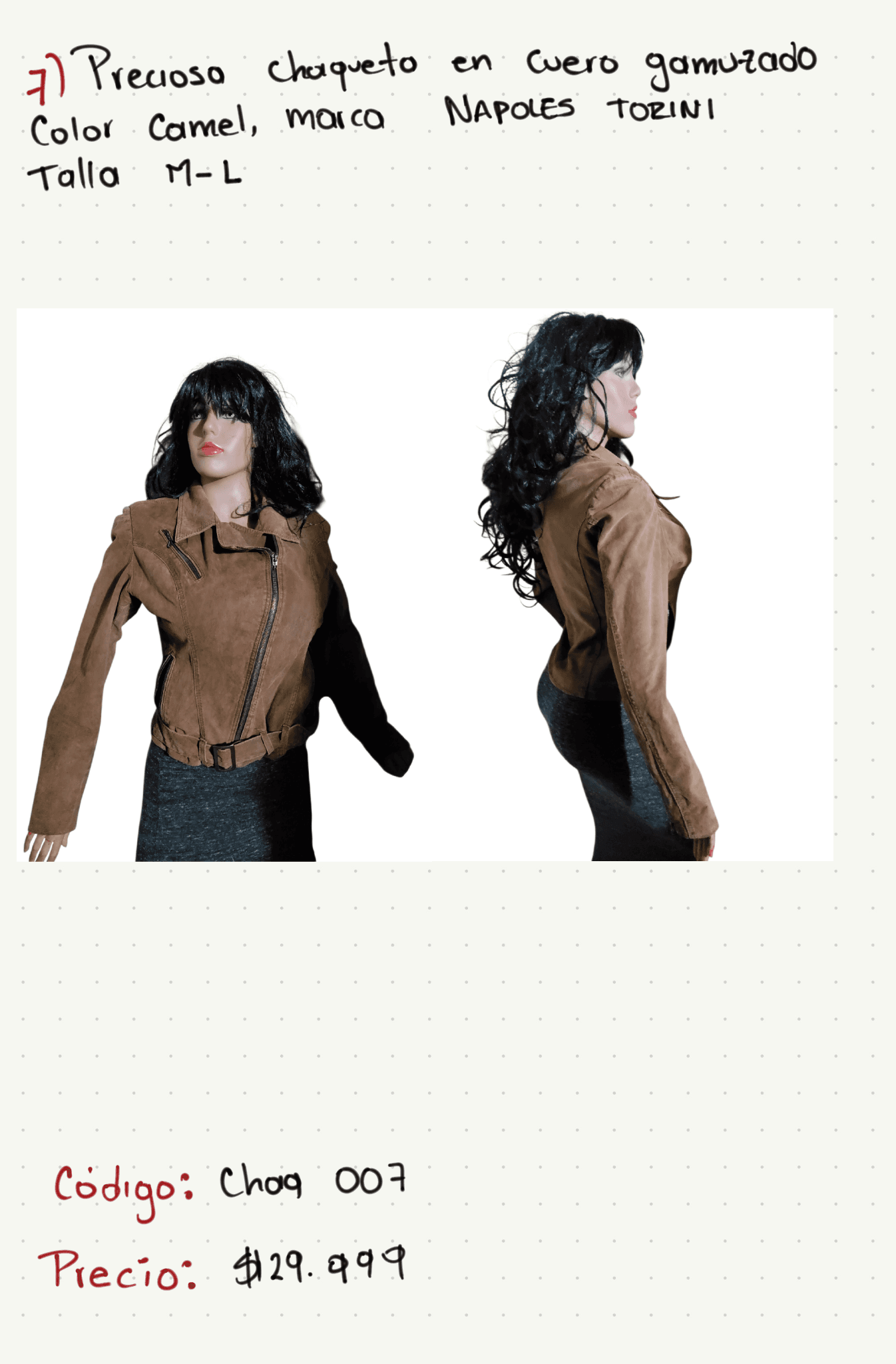 Preciosa chaqueta en cuero gamuzado color camel, marca Napoles Torini